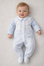 Load image into Gallery viewer, Baby boys soft blue stripe babygrow - in giftbox