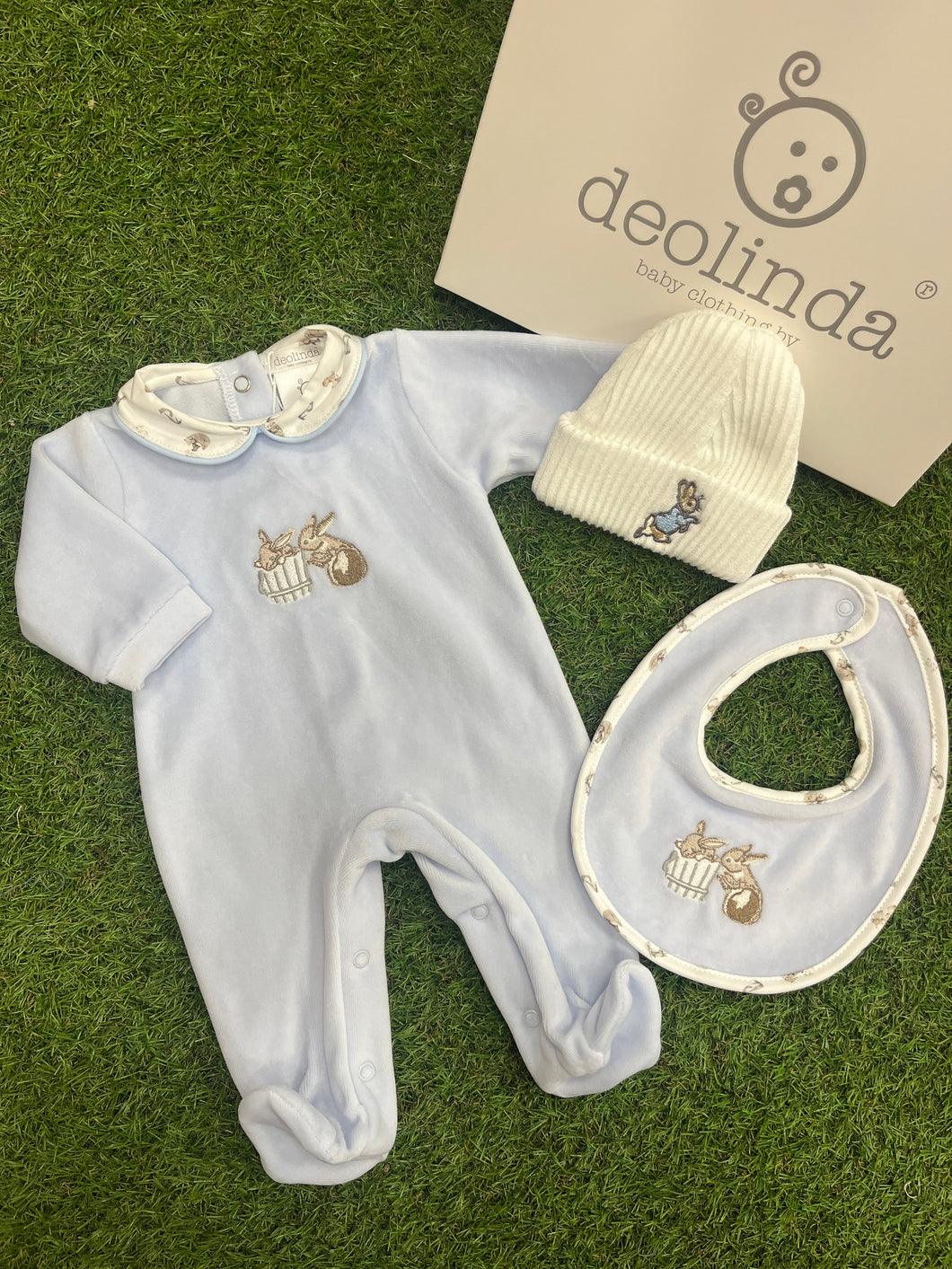 Deolinda soft blue bunny velour babygrow - in giftbox