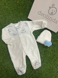 Deolinda ivory/blue velour babygrow - in giftbox