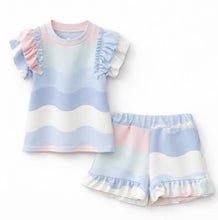 Load image into Gallery viewer, Girls blue pastel multi frill Short Set - SIZE UP(small fitting)