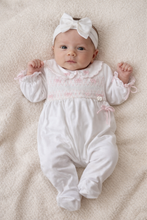 Load image into Gallery viewer, Baby girls white bow smock babygrow - in giftbox