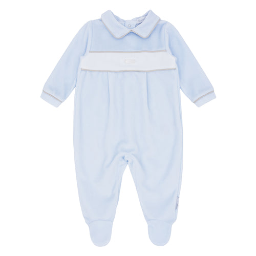 BB AW24 boys blue/beige trim velour babygrow