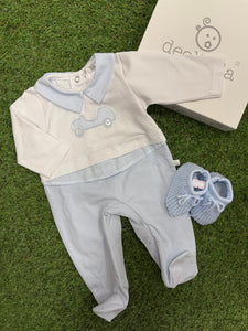 Boys pale blue/white car babygrow - in giftbox