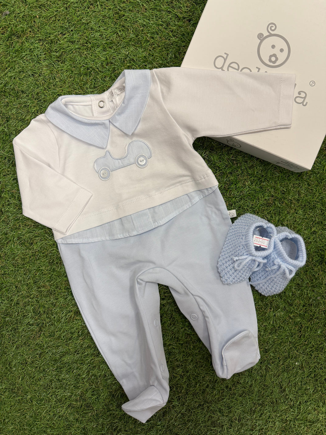 Boys pale blue/white car babygrow - in giftbox