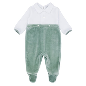 BB AW24 boys sage/white velour babygrow