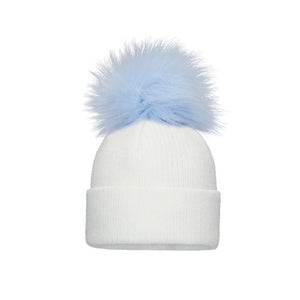 PomPom Envy white/blue pom knit hat